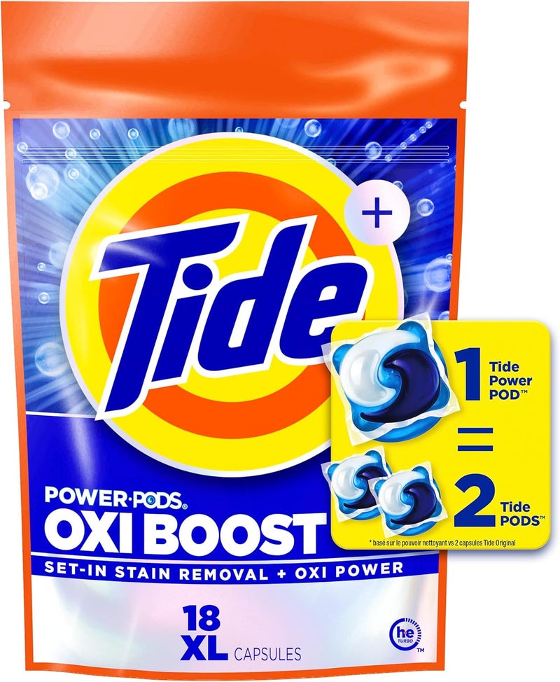 Tide Oxi Boost Power PODS Laundry Detergent Pacs, 18 Count, Set-In Stain Removal + Oxi Power, laundry soap detergent pacs - Image 1
